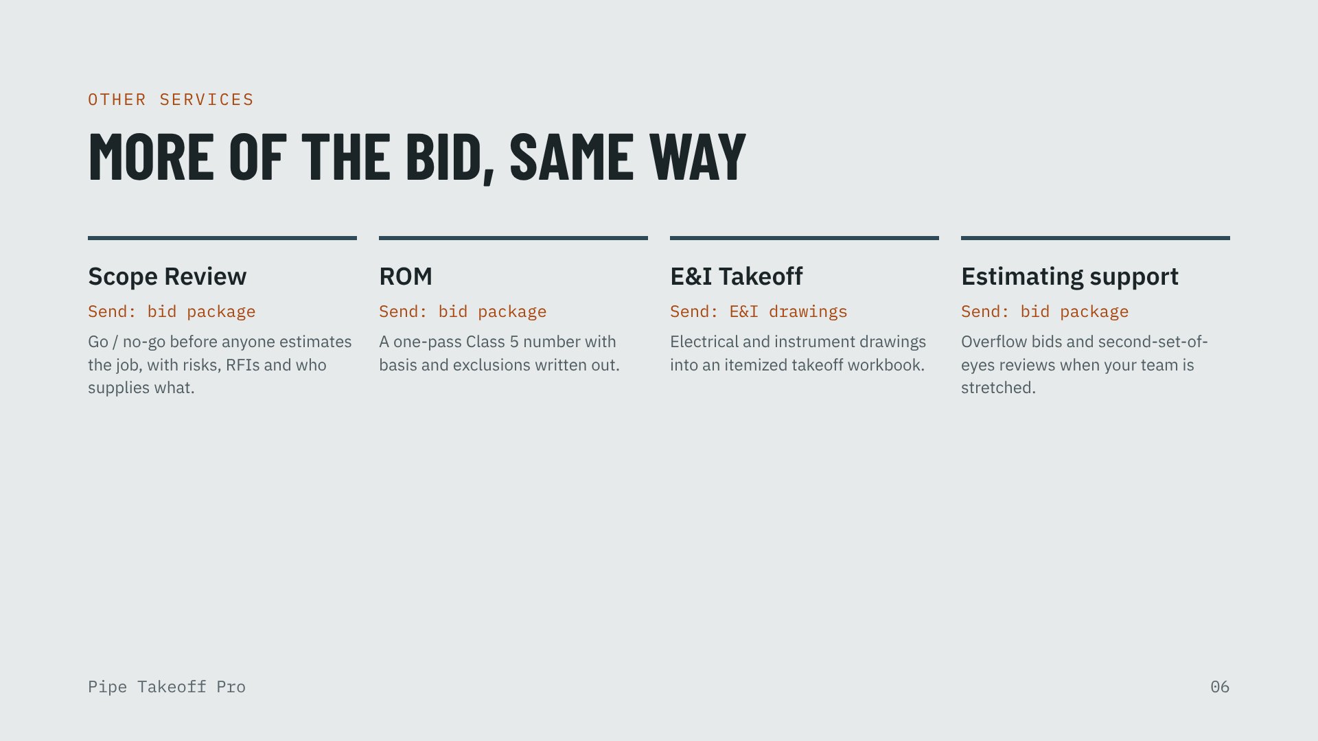 Slide: other services, Scope Review, ROM, E&I takeoff and estimating support